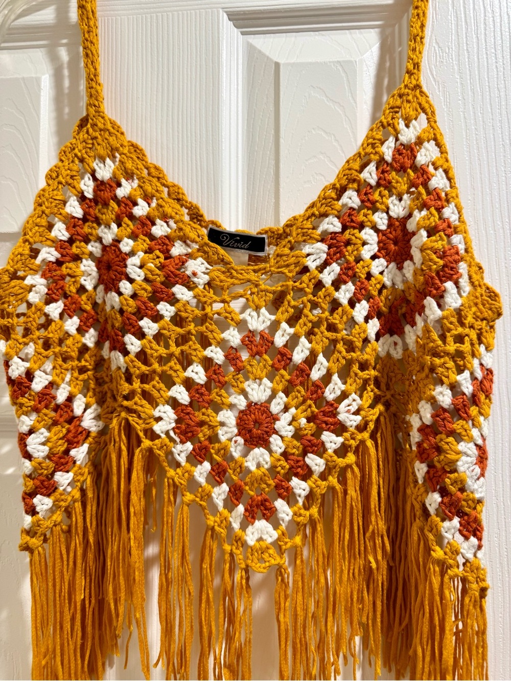 Vivid Crochet Fringe Festival Crop Top in Mustard, Rust & White